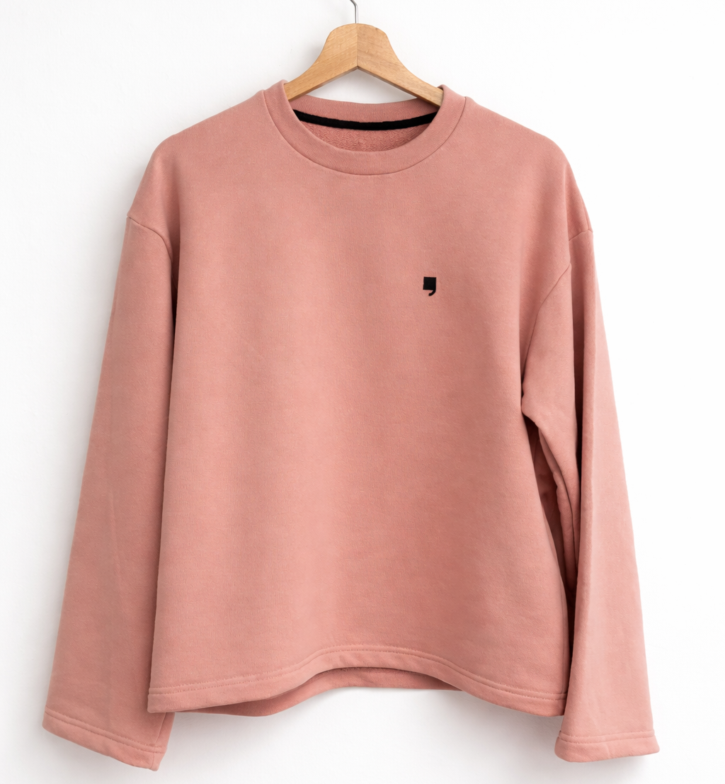 Pink sweatshirt on a hanger against a white background